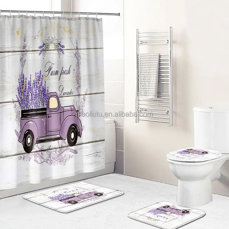 Christmas trucks and flowers Shower Curtain Set Colorful Christmas Non-Slip Rugs Toilet Lid Cover and Bath Mat Bathroom Decor