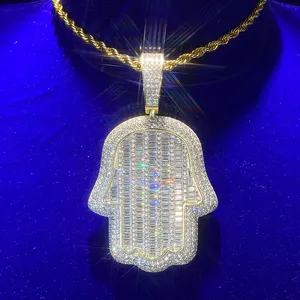 Hoge Kwaliteit Baguette Diamant 925 Sterling Zilver 18K Vergulde Hiphop Bedels Iced Out Cz Hamsa Hand Hanger