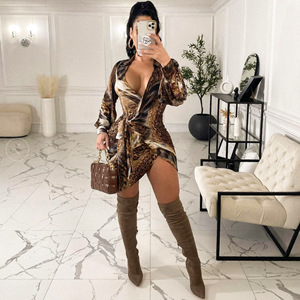 <span class=keywords><strong>Abito</strong></span> estivo da donna manica lunga colore Sexy stampa leopardata fasciatura divisa scollo a V <span class=keywords><strong>abito</strong></span> da festa avvolgente irregolare - Product Image 2