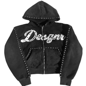 Sweat à capuche unisexe rose 100 % coton avec patch lettre brodé, appliqué, strass, fermeture éclair, rivets et effet délavé rétro - Product Image 4