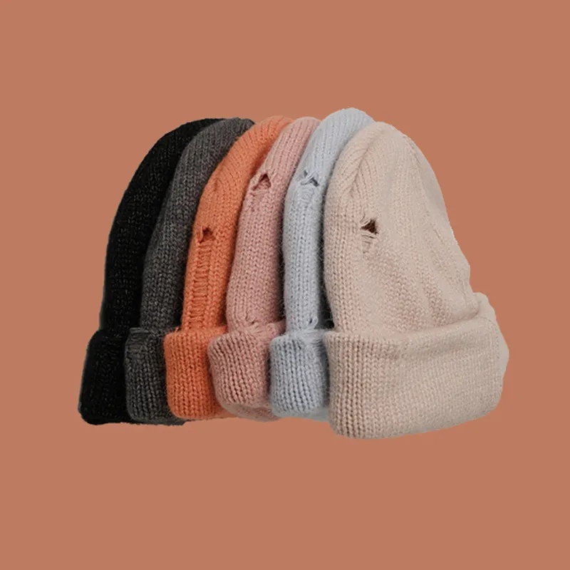 Unisex custom acrylic skully cap streetwear hip hop winter hat knitted ripped distressed beanie