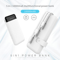 Batterie externe ultra-fine ZT20 5-en-1 10000mAh Li-Polymère avec câble intégré Micro USB Type-C, écran LED et support de téléphone, charge rapide 10W