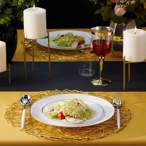 Скандинавская пластиковая Квадратная тарелка с золотым ободком, круглые прозрачные пластиковые тарелки, одноразовые