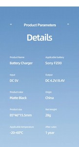 <span class=keywords><strong>Chargeur</strong></span> de <span class=keywords><strong>batterie</strong></span> portable et pratique pour appareil photo numérique rechargeable <span class=keywords><strong>NP</strong></span>-<span class=keywords><strong>FZ100</strong></span> NPFZ100 <span class=keywords><strong>NP</strong></span> <span class=keywords><strong>FZ100</strong></span> BC-QZ1 - Product Image 6