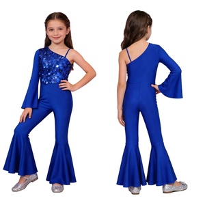 8-14 Kids Girls Dance <b>Clothes</b> Jumpsuit Flared Sleeve Bell-Bottom Asymmetrical Bodysuit For Pageant Birthday Party Weddings - Product Image 2