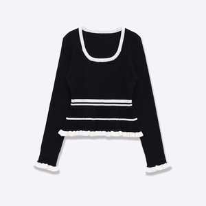 Pull en maille tricoté chic rétro à col carré et coutures, nouvelle collection automne 2025 pour femme, 100 % polyester, manches longues - Product Image 1
