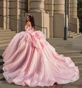 שמלות נשף ורודות נסיכותיות מדגם ML110 של מילי בריידל, שמלות קווינסניירה עם פאייטים בכתפיים, שמלת נשף סאטן עם שובל קפלה, מחשוף לב, למסיבות - Product Image 2