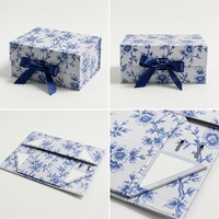 Boîte cadeau pliable avec fermeture magnétique, motif floral bleu toile, emballage pour parfum, ruban satiné, vente en gros, personnalisable