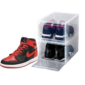 Magnetic drop front shoe storage plastic sneaker box with lid