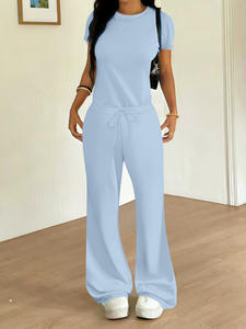 Conjunto de 2 Piezas para Mujer, Cómodo, Color Sólido, <span class=keywords><strong>Top</strong></span> de Manga Corta Suave y Pantalones Acampanados con Cintura Elástica para el Hogar, Venta al Por Mayor - Product Image 3