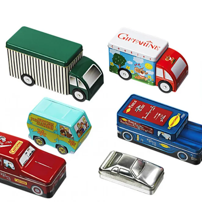 Custom Reliëf Vintage Tin Speelgoed Auto Bakken Kan Cookie Candy Tin Box Trucks Auto Vorm Blikken Doos Voor Kerst Cadeau