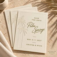 Cartes de réservation de date motif palmier tropical, impression dorée en relief, couleur et taille personnalisées pour invitations de mariage en destination sur la plage