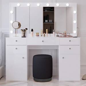 Ensemble de coiffeuse de luxe avec lumières LED blanches, plateau en verre, table de maquillage en bois moderne avec miroir et chaise - Product Image 3