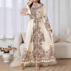 Vestido Largo Retro Estampado WD635, Cuello Alto, Manga Farol, Largo a la Cintura, Tejido Informal, Estilo Palacio para Primavera y Otoño - Product Image 4