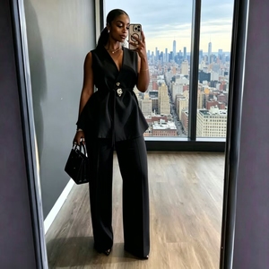 Ensemble tailleur pantalon et blazer sans manches couleur unie pour femme, style africain, idéal pour le bureau - Vente en gros - Product Image 3