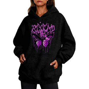 Sweat à capuche décontracté coupe ample imprimé papillon dessin animé, couleur prune foncé, en tissu polyester/coton, avec motif au dos bleu sarcelle contrastant - Product Image 1