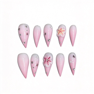 Uñas Postizas Largas Hechas a Mano con Diseño de Garra de Dragón, Color Rosa Degradado, Flores Esculpidas en 3D y Cristales, Estilo Gótico Romántico - Product Image 2