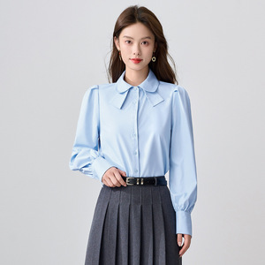 Blue Preppy Style Shirt Women Long Sleeve Puff Sleeve Solid Color Work Blouse Autumn Spring Commute Interview Poplin Fabric - Product Image 4