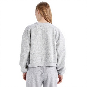 Women's Gray Crew Neck Sweatshirt Full Sleeve Knitted Cotton Blend Casual Solid Color Breathable Autumn Wear - Product Image 5