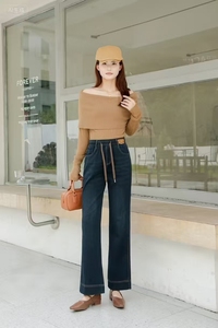 <span class=keywords><strong>Jean</strong></span> décontracté taille haute ample à jambe large pour femme 2025, en denim tissé uni, boutonné, écologique, délavé, respirant et extensible, style vintage - Product Image 5