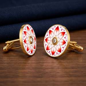 Boutons de manchette en émail rouge fait main pour hommes, en laiton rond avec motif de vigne, pour tenue formelle, anniversaire, Rajasthan Mayrabygungun - Product Image 5