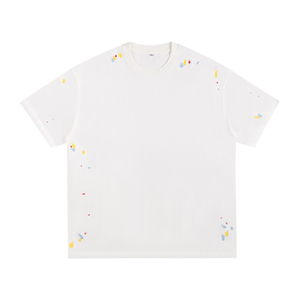 Camiseta de algodón multicolor personalizada con salpicaduras pintadas a mano para hombre, base sólida, corte holgado, cuello redondo, estilo casual urbano, manga corta. - Product Image 5