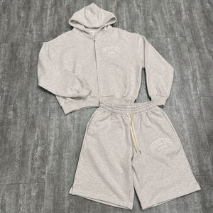 Unisex Baggy Sweatsuit Custom Embroidered Heavyweight Double <b>Zip</b> up Hoodies and <b>Shorts</b> Set Cotton Oversized <b>Men's</b> Tracksuit - Product Image 1