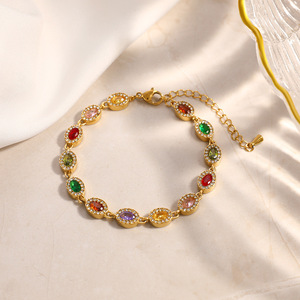 Stainless Steel <b>Bracelet</b> With Colored Zircon 18k Gold Plated Oval Geometric Design <b>Rainbow</b> Multi Color Fashion Jewelry - Product Image 3