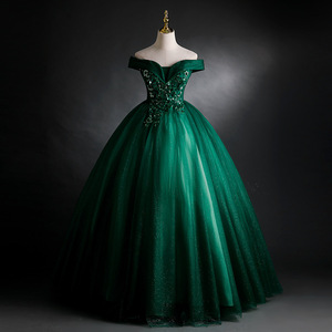 Nuovo Abito da Ballo <span class=keywords><strong>Verde</strong></span> Personalizzato a Trapezio, Elegante con Applicazioni in <span class=keywords><strong>Tulle</strong></span>, Spalle Scoperte, Lunghezza al Pavimento, per Feste e Quinceañera - Product Image 1