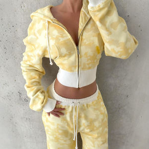 Custom Heavyweight 420 Gsm Cotton Fleece Applique Embroidery Sporty Cropped Zip up Camo Hoodie Sweatpants <b>Set</b> - Product Image 1