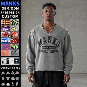 T-shirt da <span class=keywords><strong>uomo</strong></span> personalizzate con logo del produttore, 100% cotone, scollo a V oversize, a maniche lunghe, effetto distressed, <span class=keywords><strong>per</strong></span> palestra e streetwear - Product Image 4