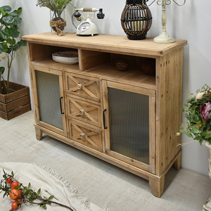 <b>Rustic</b> Vintage Farmhouse Style Solid Wood Durable High Quality Glass Door Carved Storage Drawers for Home Bar Living Room - Product Image 5