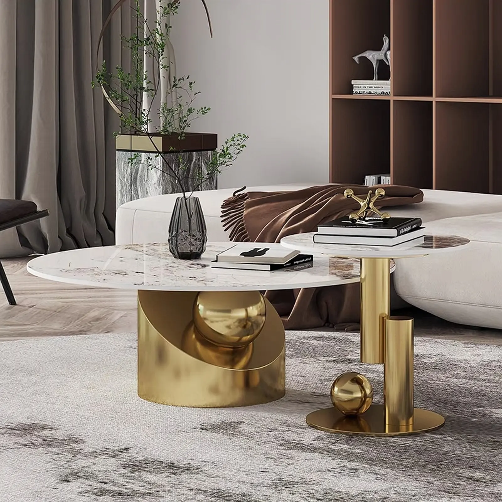 Foshan Mobiliário Moderno Luxo Ouro Sinterizado Pedra Mesa De Cafetos De Chá Conjunto Mesa De Café Oval De Mármore Para Sala De Estar