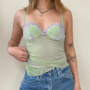 Top Corto Sexy Y2K de Malla Transparente con Puntos y Dobladillo Cruzado para Mujer, Camisola sin Mangas de Encaje, Top de Tirantes para Fiesta y Club, Estilo Urbano - Product Image 2