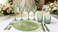 Assiette de présentation en verre côtelé vert olive, idéale pour la décoration de mariages et la location événementielle