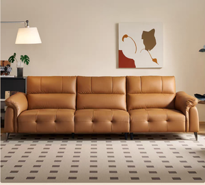 Canapé moderne en cuir véritable trois places avec dossier capitonné et accoudoirs roulés pour salon - Product Image 1