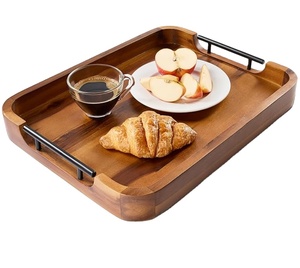 Plateau ottoman en acacia 17 x 13 pouces, plateau de service rectangulaire avec poignées pour table basse, salon, petit-<span class=keywords><strong>d</strong></span>éjeuner au lit, plateaux <span class=keywords><strong>d</strong></span>écoratifs - Product Image 1