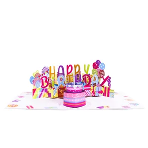 Oem Odm 3d Pop-Up Gelukkige Verjaardagskaarten Cake 3d Muziek Begroeting Popup Kaarten Met Envelop