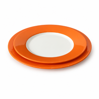 Ensemble de 2 assiettes plates en mélamine, centre blanc, bord large orange vif, tailles 23 cm et 26,5 cm, qualité alimentaire, vente en gros, OEM