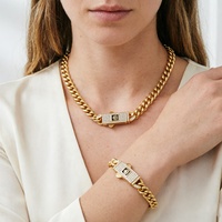 Bracelet et Collier Chaîne Maille Cubaine Personnalisables en Laiton Plaqué Or 14K, Design Hip Hop Iced Out avec Fermoir Émaillé Diamanté