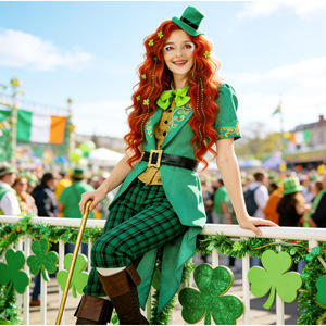 Conjunto de Disfraz de Duende Irlandés para Mujer Adulta, Día de San Patricio, Fiesta de Halloween, Pantalones Verdes a Cuadros, Chaqueta, Sombrero, Cinturón, Corbata de Moño - Product Image 3