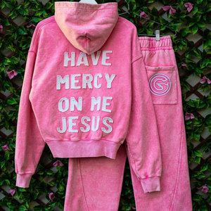 Tùy Chỉnh 500 600 GSM Mặt Trời Màu Hồng Faded Axit Rửa Quá Khổ Sweatsuit Jogger Sweatpants Và Áo Đặt Đính Zip up Bông Áo - Product Image 2