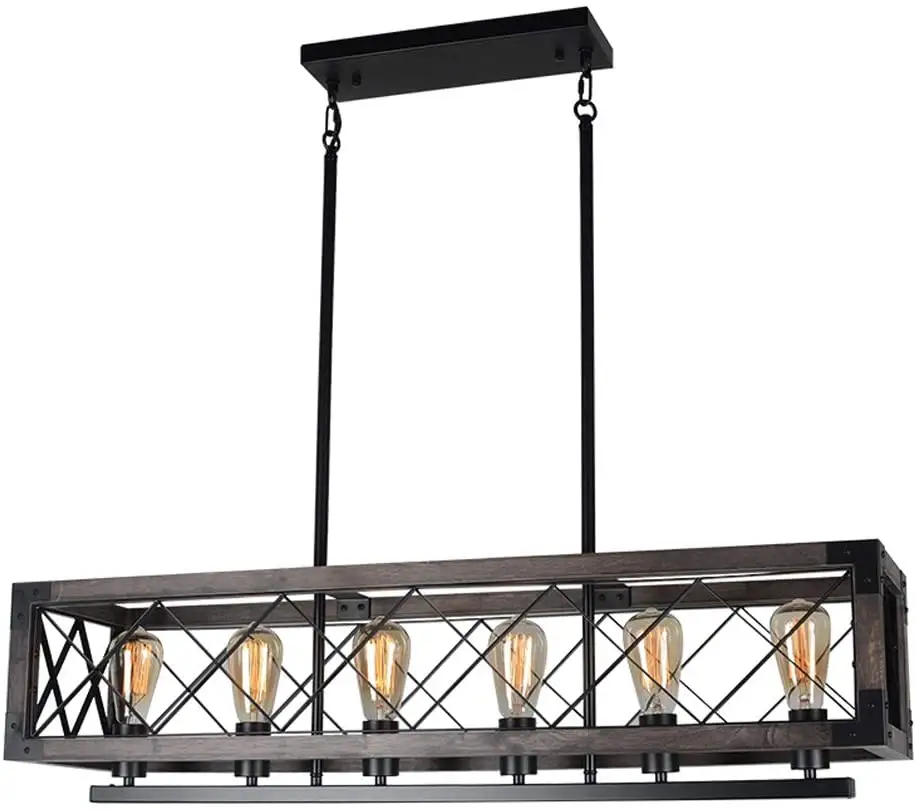 5-Light Rustic Rectangle Light Fixture Wood Farmhouse Kitchen Island Cage Chandelier Black Metal Industrial Pendant Light