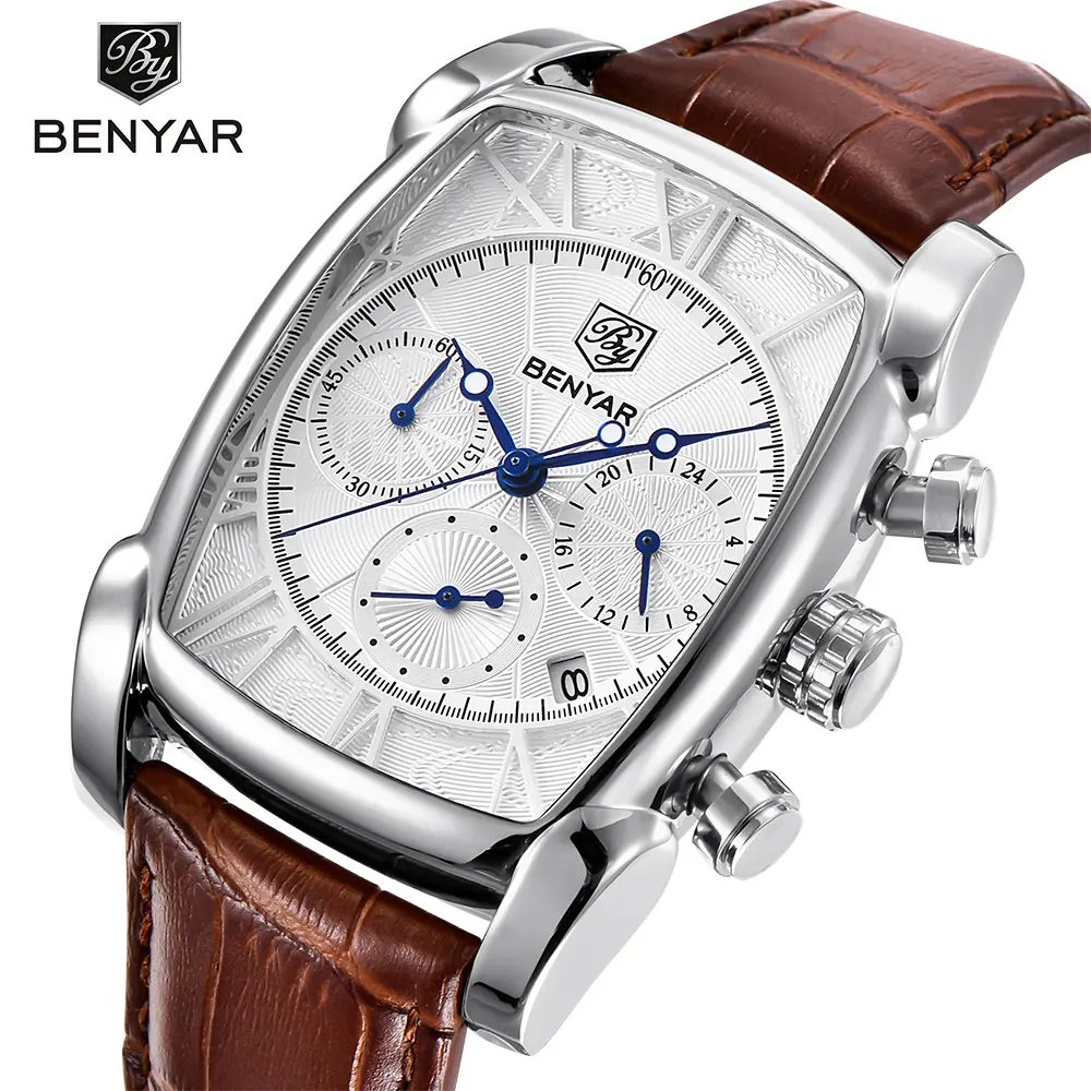 Leather Quartz Watch for Men Square Casual Fashion Men's Watches Brown Strap 6 Needles Benyar Top Brand Sport Luxury Wristwatch