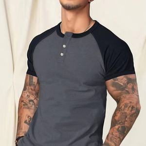Venta al por mayor Slim cuello redondo manga corta brazo Color a juego Casual transpirable hombres camiseta - Product Image 4