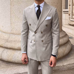 Costume sur mesure pour <span class=keywords><strong>homme</strong></span>, beige à fines rayures, blazer en polyester à revers large, tenue formelle pour mariages printaniers en plein air et événements de club de campagne - Product Image 1