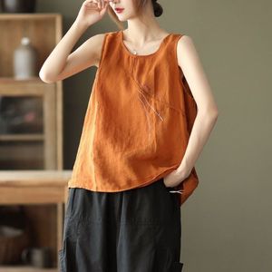 Retro Embroidered Cotton <b>Linen</b> Camisole Sleeveless <b>Top</b> Women <b>Plus</b> <b>Size</b> Loose Casual Summer Wear Pink White Black Beige Yellow - Product Image 3
