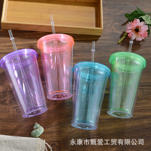 Double Layer Plastic <b>Straw</b> <b>Cup</b> With <b>Lid</b> Solid Color Purple Green Blue Pink Party Drinkware Set 020 - Product Image 1