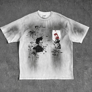 Camiseta retro de anime punk, 100% algodón, con bolsillo desgastado, estilo streetwear, transpirable, logotipo personalizado, producción en pequeños lotes - Product Image 3