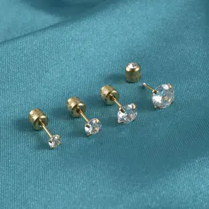 Brincos de aço cirúrgico 0.8mm zircão preto banhado a ouro rosca externa padrão cilíndrico fechos de segurança atacado 20g